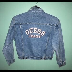 Vintage 90s Guess Spell out acid washed denim cropped truckers jacket Women’s M